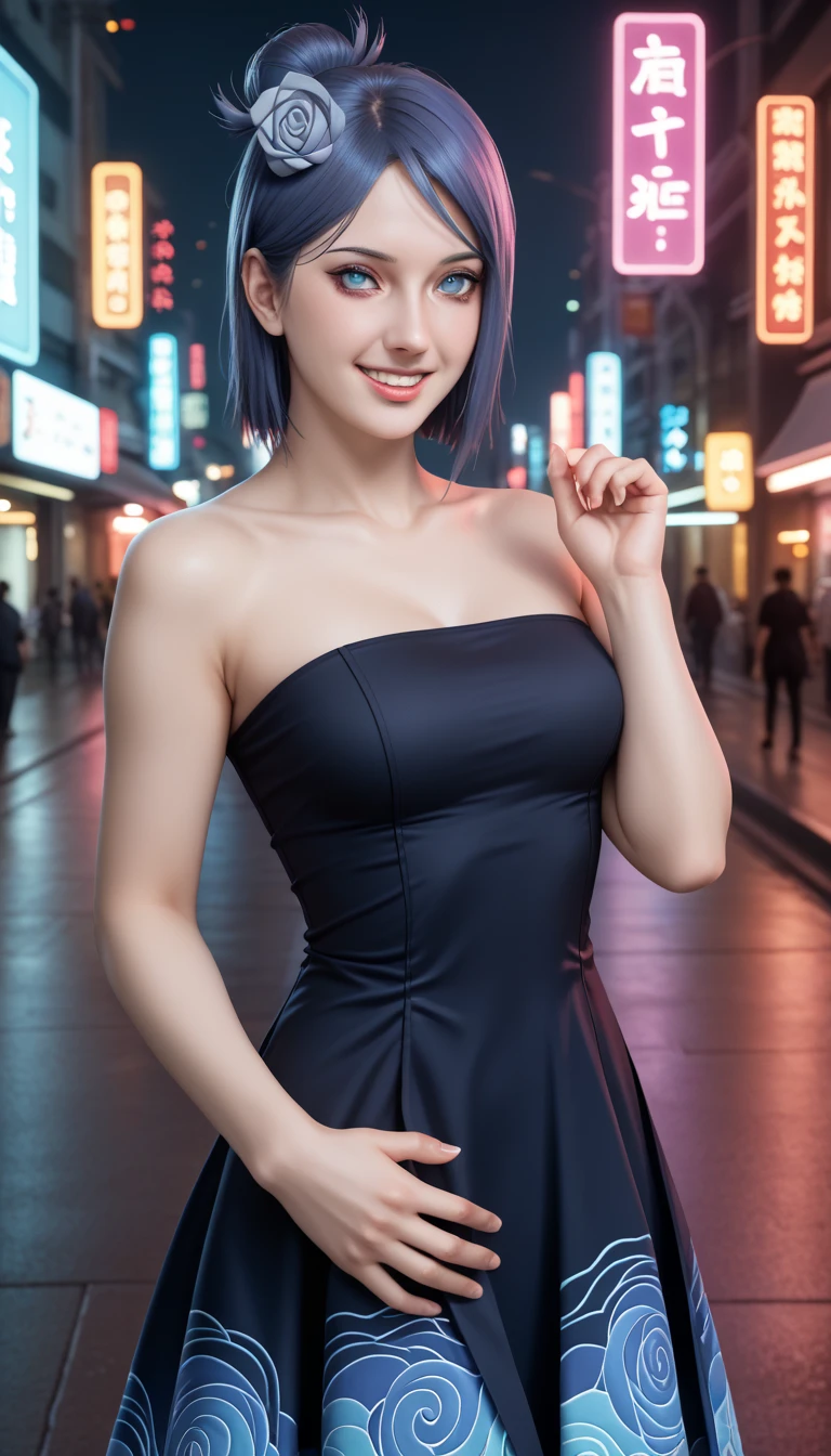              a detailed and beautiful portrait of a 16-year-old Japanese girl,           medium breasts, with healthy appearance , sexy expression,          tight clothes  , Bold poses ,             detailed embroidery            ,  belly out , Tube top, love league,             high quality, 8k,             photorealistic          ,             dramatic lighting           ,             vivid colors            ,(            masterpiece            ,              top quality            ,  :1.2),  (                    futuristic cyberpunk urban scene illuminated by neon lights         ), (Alone:1.4), (     Elegant and cool   ),  (  Bright neon details             :1.3), (         expressão series          :1.1), (           Confident and relaxed poses               :1.3),             Holographic tight pants or skirt for outdoor use           , (            dynamic lighting            ,   Strong contrast ), (      or dress    :1.2), bare arms,  : Konan from Naruto  ,  blue hair ,   Konan character costumes from the anime Naruto ,     embarrassed     , happy/happy, series, sexy