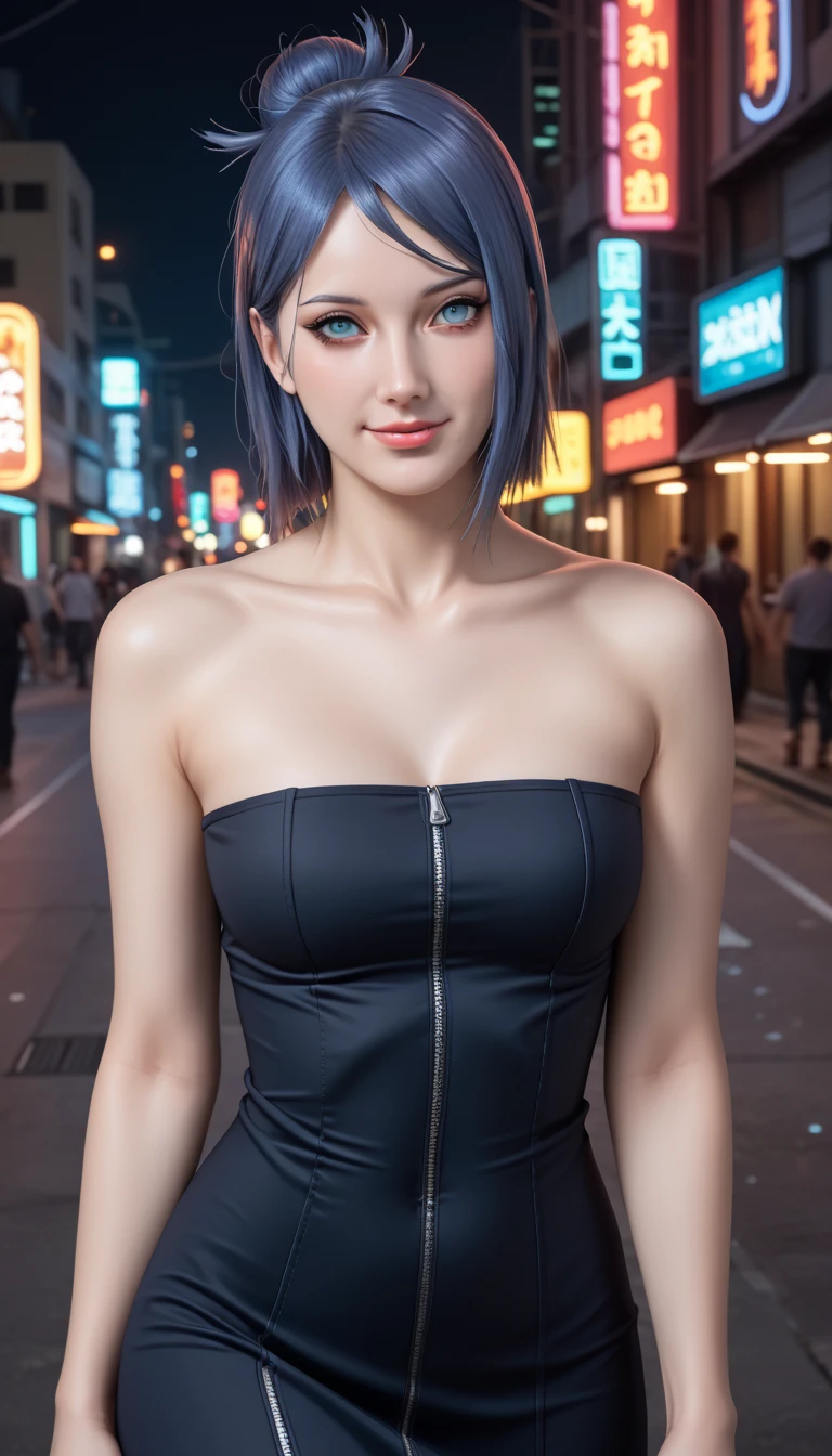              a detailed and beautiful portrait of a **-****-*** Japanese girl,           medium breasts, with healthy appearance , sexy expression,          tight clothes  , Bold poses ,             detailed embroidery            ,  belly out , Tube top, love league,             high quality, 8k,             photorealistic          ,             dramatic lighting           ,             vivid colors            ,(            masterpiece            ,              top quality            ,  :1.2),  (                    futuristic cyberpunk urban scene illuminated by neon lights         ), (Alone:1.4), (     Elegant and cool   ),  (  Bright neon details             :1.3), (         expressão series          :1.1), (           Confident and relaxed poses               :1.3),             Holographic tight pants or skirt for outdoor use           , (            dynamic lighting            ,   Strong contrast ), (      or dress    :1.2), bare arms,  : Konan from Naruto  ,  blue hair ,   Konan character costumes from the anime Naruto ,     embarrassed     , happy/happy, series, sexy