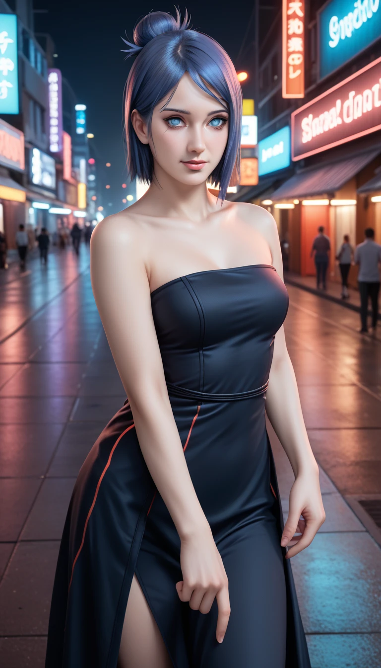              a detailed and beautiful portrait of a 16-year-old Japanese girl,           medium breasts, with healthy appearance , sexy expression,          tight clothes  , Bold poses ,             detailed embroidery            ,  belly out , Tube top, love league,             high quality, 8k,             photorealistic          ,             dramatic lighting           ,             vivid colors            ,(            masterpiece            ,              top quality            ,  :1.2),  (                    futuristic cyberpunk urban scene illuminated by neon lights         ), (Alone:1.4), (     Elegant and cool   ),  (  Bright neon details             :1.3), (         expressão series          :1.1), (           Confident and relaxed poses               :1.3),             Holographic tight pants or skirt for outdoor use           , (            dynamic lighting            ,   Strong contrast ), (      or dress    :1.2), bare arms,  : Konan from Naruto  ,  blue hair ,   Konan character costumes from the anime Naruto ,     embarrassed     , happy/happy, series, sexy