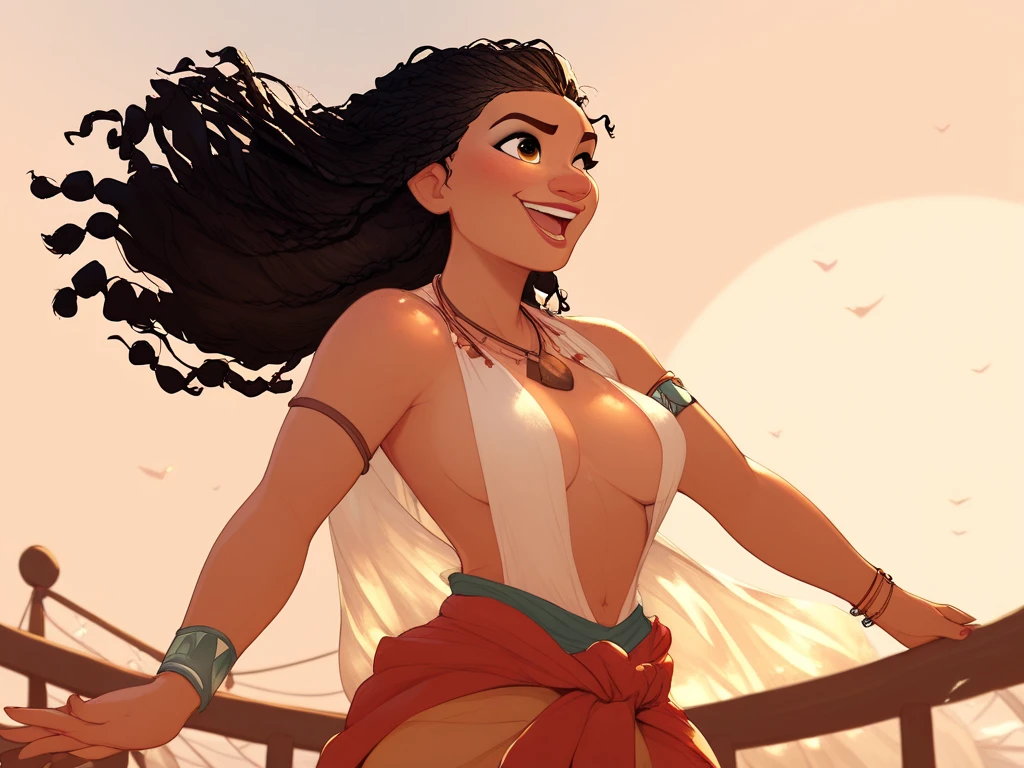 Create for me the character Moana in the middle of the ocean with a ship plunging through those waters, no +18