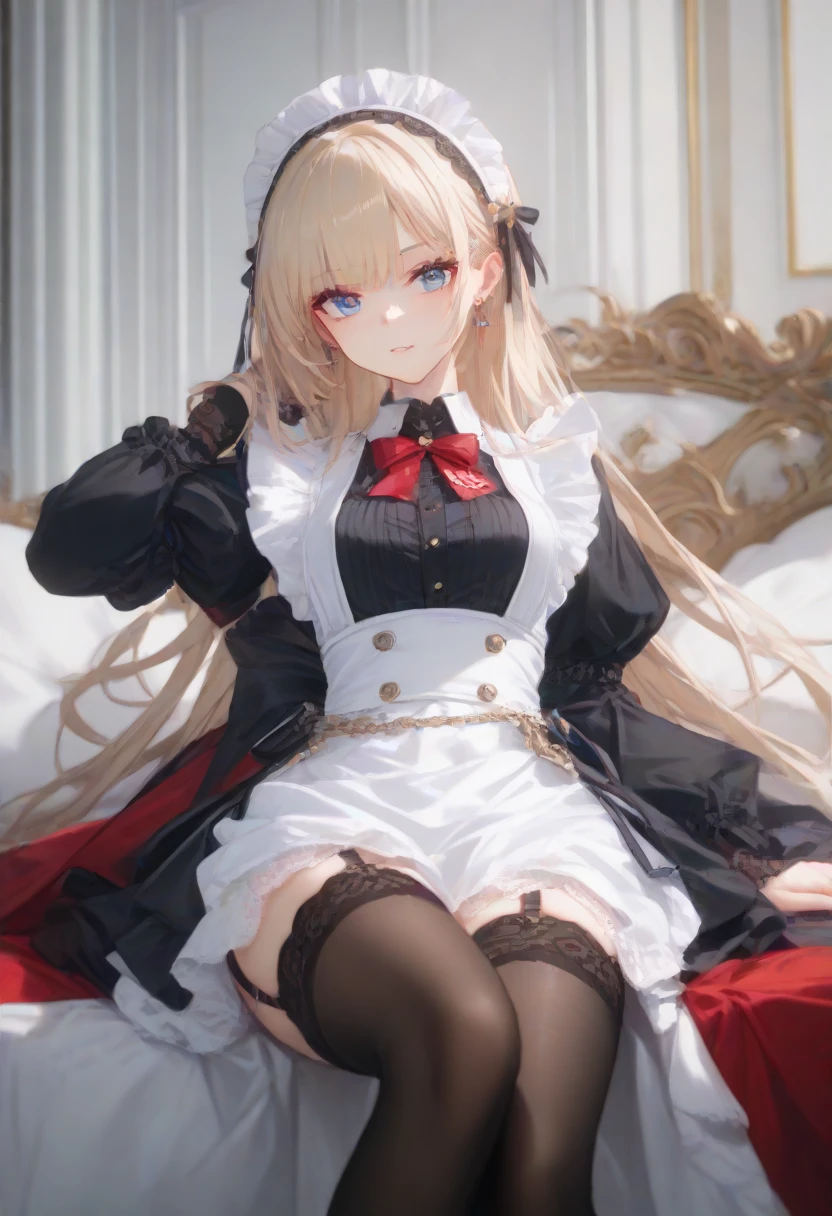  masterpiece fails,  supreme quality ,  High definition ,  1girl red eyeshadow blue eyes makeup ,  hair band maid headwear white apron, separate collar , bows, frill,  separate sleeves ,  black gloves ,  black hips , up to thighs ,  lace trimmed leggings ,  garter straps ,  red dress, Sitting, Varice, Howe-Azur Lane