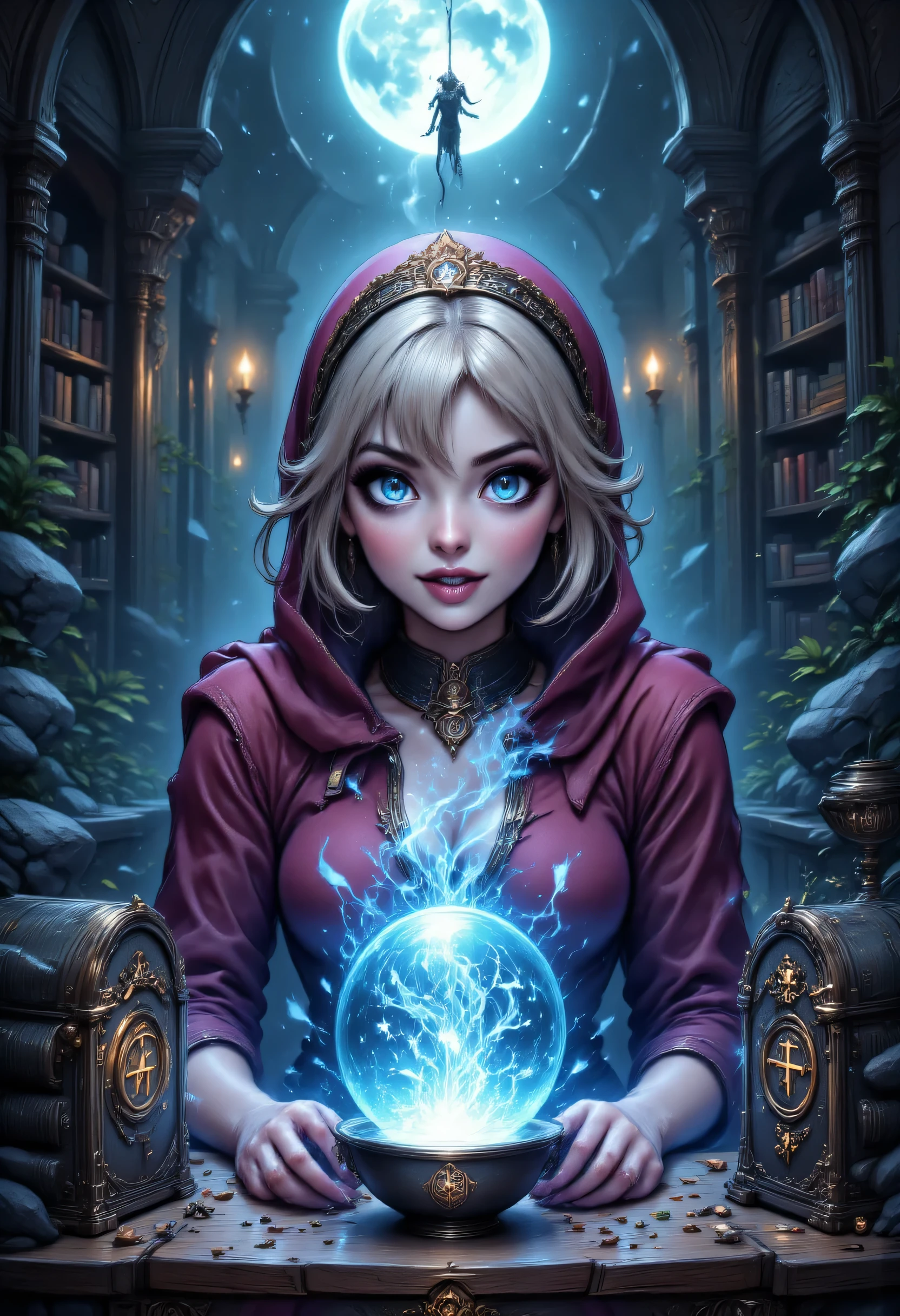 high details, best quality, 16k, [best detailed], masterpiece, best quality, (extremely detailed), a view from the rear (best details, Masterpiece, best quality), photorealistic, fantasy art, RPG art, a picture of a human sorceress sittings in her magical lab, opening a  large (magical portal: 1.3) , with magical runes, on it, looking into the blue heavens, epic beautiful human woman (best details, Masterpiece, best quality), ultra detailed face (best details, Masterpiece, best quality), blond hair, short hair, green eyes, red dress (best details, Masterpiece, best quality), magical library, with many books, and magical runes and wards, glowing arcane sigils, crystal ball (best details, Masterpiece, best quality) on table, runes on crystal balls, fantasy magical library background (best details, Masterpiece, best quality) aidmafluxpro1.1
