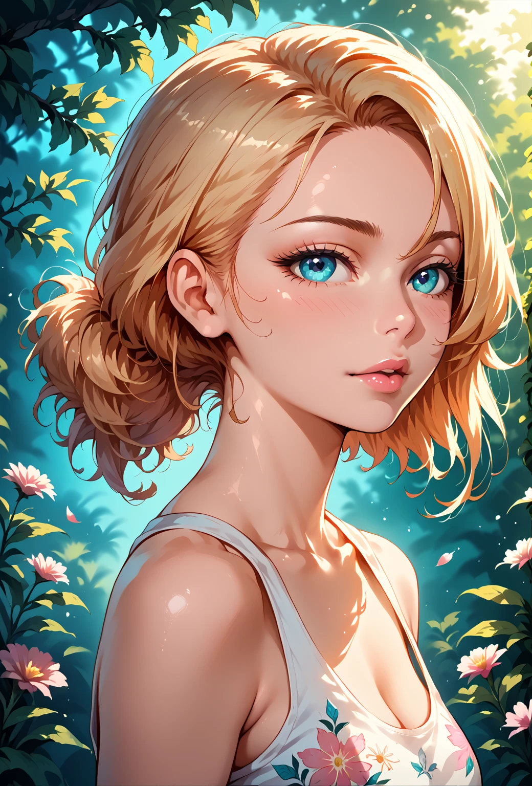 a beautiful shy girl in a white floral garden, 1 girl, solo, expressive face, tank top, clean lines, intricate details, portrait, digital art, 4k, highly detailed, hyperrealistic, photorealistic, cinematic lighting, lush environment, vibrant colors, soft focus