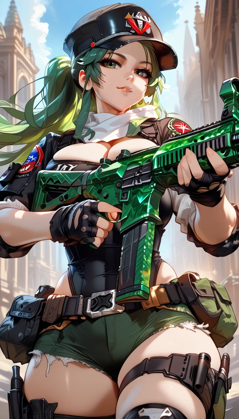 ultra-detailed, 1girl, solo, ((masterpiece)), (best quality), (highres), 16K, green eyes, green hair, long hair, cap, wearing tactical gear, fingerless gloves, tactical belt, knee pads, black thong, boots, busty body, large breasts, showcasing cleavage, legs, hips, (holding assault rifle), looking at viewer, smile, detailed face, detailed hair, detailed whole body, streets background