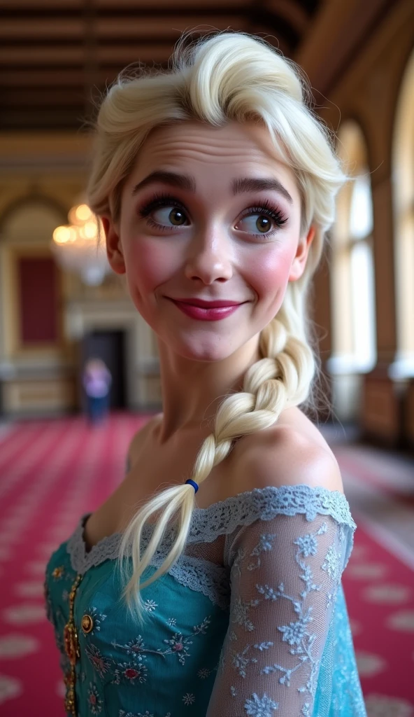 A stunning portrait of Elsa smiling , queen of arendelle, young and beautiful, hyper realistic, real portrait, backlit, exquisite features, cleavage, sexy, seductive, interior or an ornate castle ballroom with high ceilings