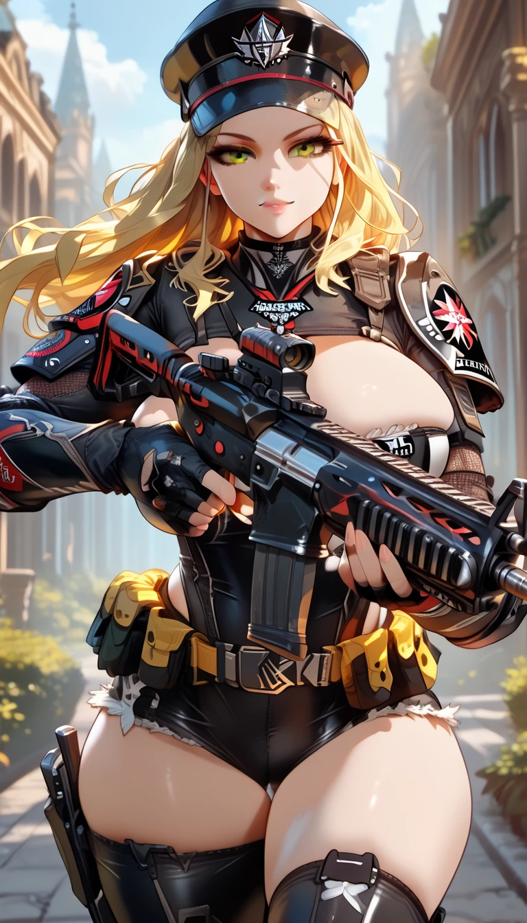 ultra-detailed, 1girl, solo, ((masterpiece)), (best quality), (highres), 16K, yellow eyes, yellow hair, long hair, cap, wearing tactical clothes, fingerless gloves, tactical belt, knee pads, black thong, boots, busty body, large breasts, showcasing cleavage, legs, hips, (holding assault rifle), looking at viewer, smile, detailed face, detailed hair, detailed full body, street background