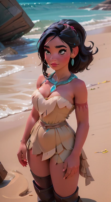 Fusion Vanellope-Pocahontas, Merge models, Les vêtements de Vanellope, les cheveux noir de Pocahontas,  La fusion, une fille, beau, personnage, fillette, enfant, plage, (best quality:1.2), (Seul:1.2), ((Pose de combat)), ((champ de bataille)), Cinematic, yeux parfaits, peau parfaite, light parfaite, sourire, light, cor, textured skin, Detail, Beauty, merveille, ultra-Detaillé, visage parfait