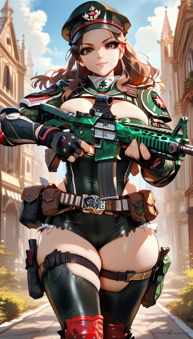 ultra-detailed, 1girl, solo, ((masterpiece)), (best quality), (highres), 16K, brown eyes, brown hair, long hair, cap, wearing tactical clothes, fingerless gloves, tactical belt, thighhighs, knee pads, black thong, boots, busty body, large breasts, showcasing cleavage, legs, hips, (holding assault rifle), looking at viewer, smile, detailed face, detailed hair, detailed full body, street background