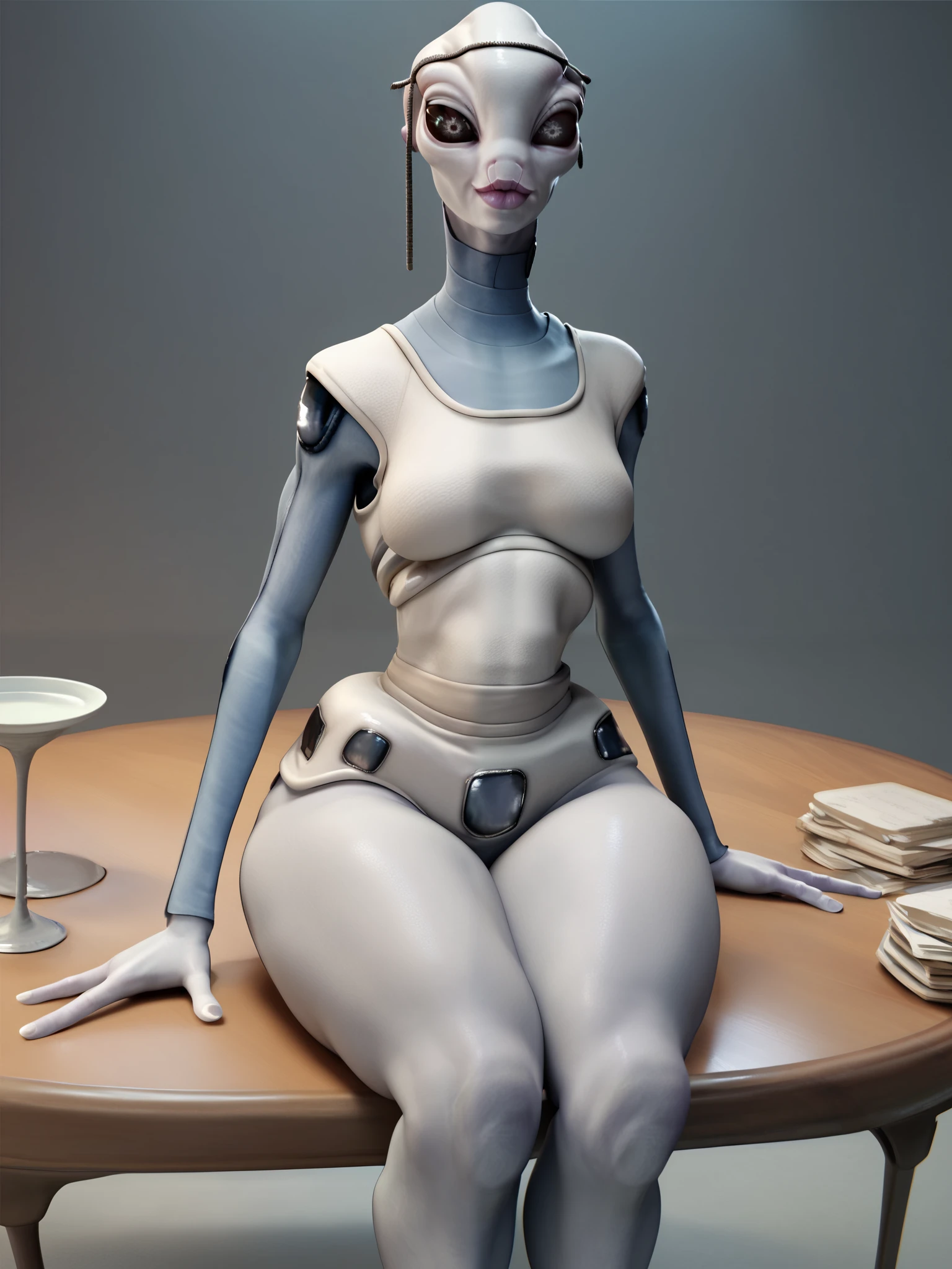 source_anime, Taun We Kaminoan, female Kaminoan, white skin, alien, kamino, 1girl, big lips, solo, beautiful eyes, sitting at table, wearing tight white and blue bodysuit, medium breasts, thickthighs under the table, legs spread, smug, chin_rest, facing viewer, looking at viewer