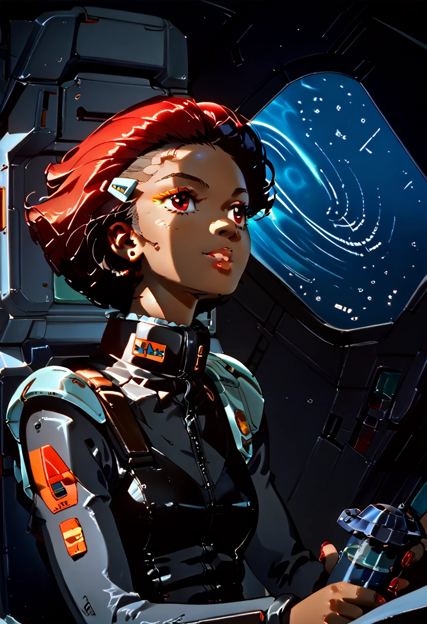  8k,girl pilot,black woman,black skin,red eyes,black suit,smooth hair,short hair,futuristic, sci-fi,space opera,piloting,cockpit,2000’s cartoon style, dynamic pose, stunning visual effects