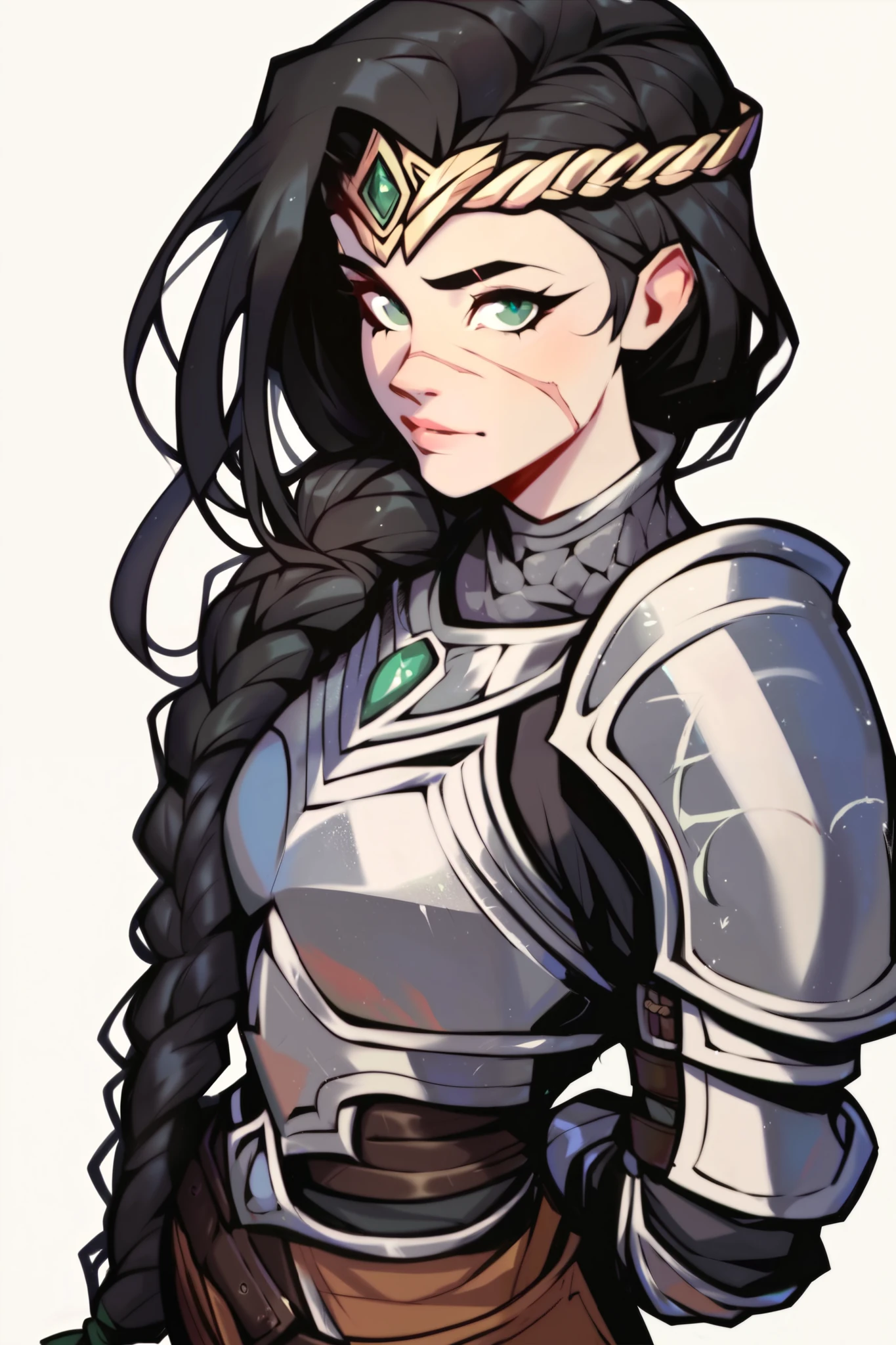 score_9, score_8_up, score_7_up, black outline, BREAK,
1girl, solo, shadowheart, black hair, braided ponytail, green eyes, scar on face, circlet,
looking at viewer, armor, pants, arms behind back, standing, looking at viewer, white background 