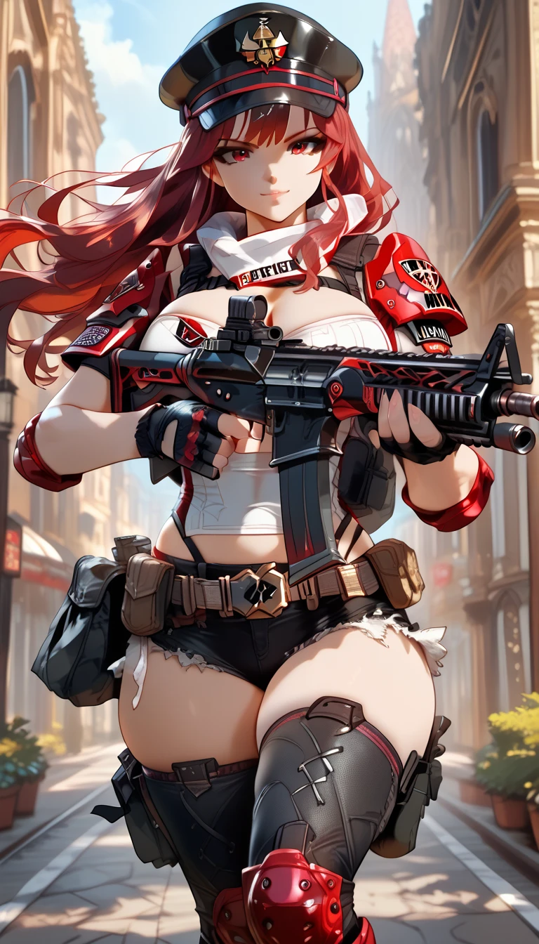 ultra-detailed, 1girl, solo, ((masterpiece)), (best quality), (highres), 16K, maroon eyes, maroon hair, long hair, cap, wearing tactical clothes, fingerless gloves, tactical belt, thighhighs, knee pads, black thong, boots, busty body, large breasts, showcasing cleavage, legs, hips, (holding assault rifle), looking at viewer, smile, detailed face, detailed hair, detailed full body, street background