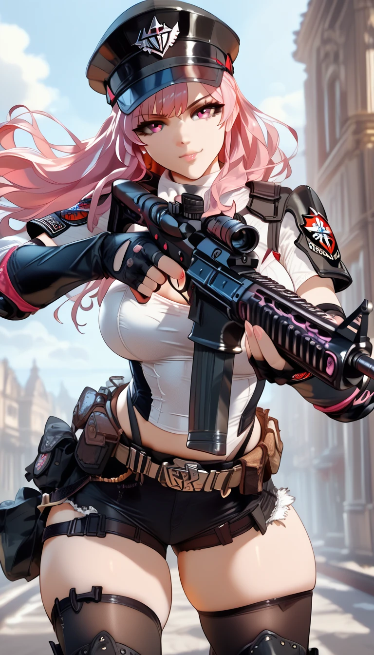 ultra-detailed, 1girl, solo, ((masterpiece)), (best quality), (highres), 16K, pink eyes, pink hair, long hair, cap, wearing tactical clothes, fingerless gloves, tactical belt, thighhighs, knee pads, black thong, boots, busty body, large breasts, showcasing cleavage, legs, hips, (holding assault rifle), looking at viewer, smile, detailed face, detailed hair, detailed full body, street background