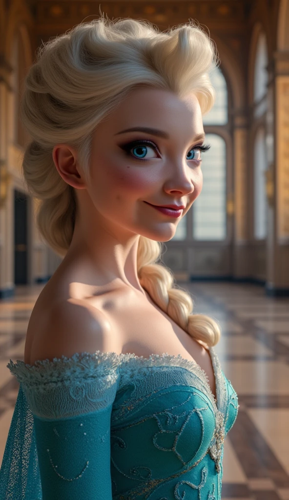 A stunning portrait of Elsa smiling , queen of arendelle, young and beautiful, ((hyper realistic)), real portrait, backlit, exquisite features, cleavage, sexy, seductive, interior or an ornate castle ballroom with high ceilings