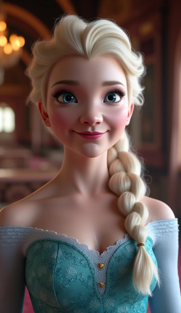 A stunning portrait of Elsa smiling , queen of arendelle, young and beautiful, ((hyper realistic)), real portrait, backlit, exquisite features, cleavage, sexy, seductive, interior or an ornate castle ballroom with high ceilings