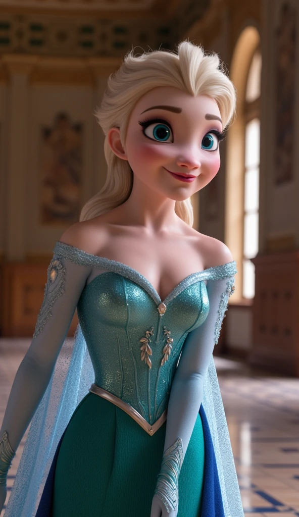 A stunning portrait of Elsa smiling , queen of arendelle, young and beautiful, ((hyper realistic)), real portrait, backlit, exquisite features, cleavage, sexy, seductive, interior or an ornate castle ballroom with high ceilings