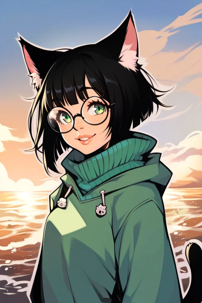 score_9, score_8_up, score_7_up, black outline, TWEWY style, BREAK,
Fantasy, 1girl, solo, catgirl, animal ears, cat ears, black hair, bob cut, bangs, messy hair, cat tail, green eyes, small round rimless glasses, small breasts, looking at viewer, smile, parted lips, upper body, black robes, green sweater, day, ocean, blue sky,