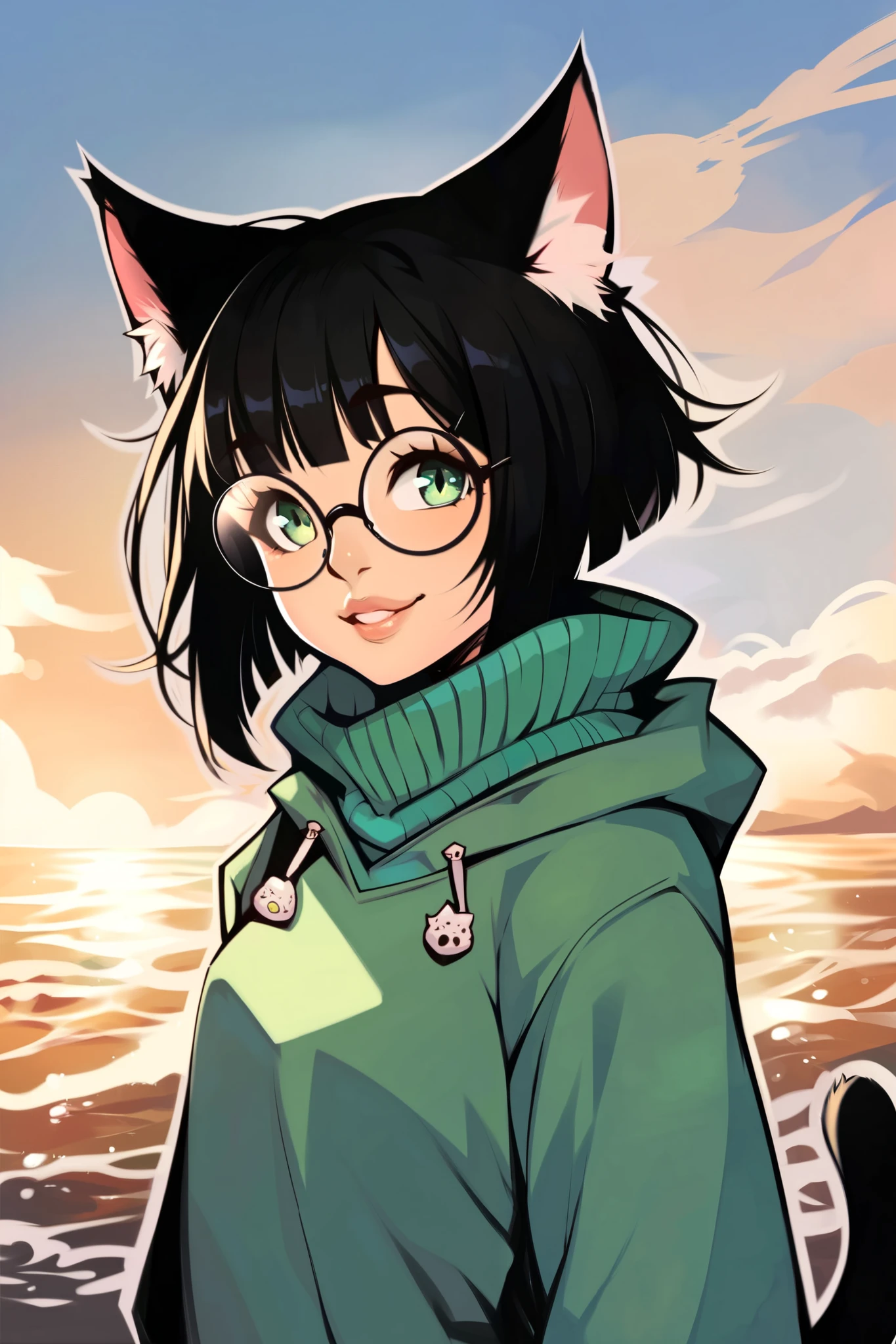 score_9, score_8_up, score_7_up, black outline, TWEWY style, BREAK,
Fantasy, 1girl, solo, catgirl, animal ears, cat ears, black hair, bob cut, bangs, messy hair, cat tail, green eyes, small round rimless glasses, small breasts, looking at viewer, smile, parted lips, upper body, black robes, green sweater, day, ocean, blue sky,