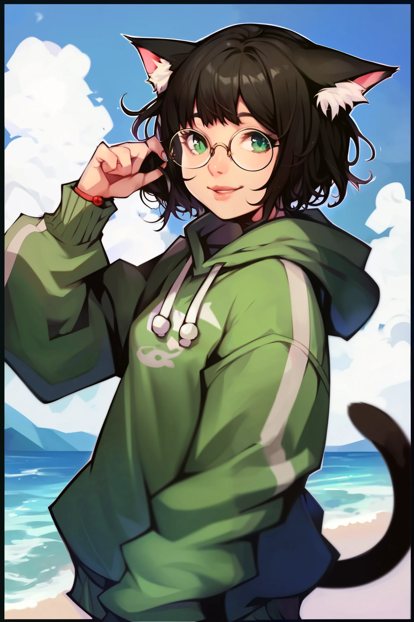 score_9, score_8_up, score_7_up, black outline, TWEWY style, BREAK,
Fantasy, 1girl, solo, catgirl, animal ears, cat ears, black hair, bob cut, bangs, messy hair, cat tail, green eyes, small round rimless glasses, small breasts, looking at viewer, smile, parted lips, upper body, black robes, green sweater, day, ocean, blue sky,