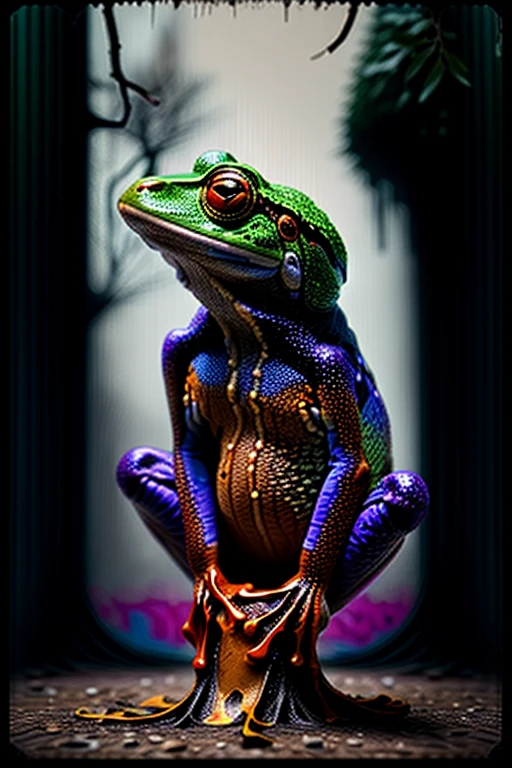 A black and neon multicolored frog sits on a treebranch in a public park with a brick wall behind him. Scrawled in supet fancy graffiti is the word "FROG". The frog has one hand pressed to his chest like he's shoeing you his gang sign.  Photorealistic, cinematic,realism, hyperreality, macro photography, cinematic portrait, realistic, photo- realistic, realisticism, UHDR, ultra detailed images, award winning, masterpiece.