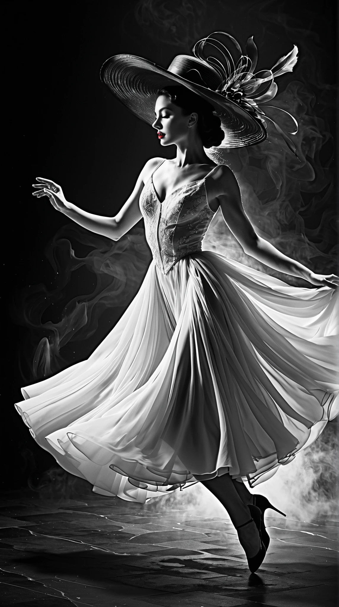 a woman made of smoke, elegant flowing fabrics, delicate ink wash painting, graceful dance, cinematic lighting, cinematic, spiritual, ethereal, surreal, juliana nan, mandy disher, masterpiece, best quality, 8k, extremely detailed, hyperrealistic, volumetric lighting, dramatic chiaroscuro, dynamic composition, mesmerizing, breathtaking