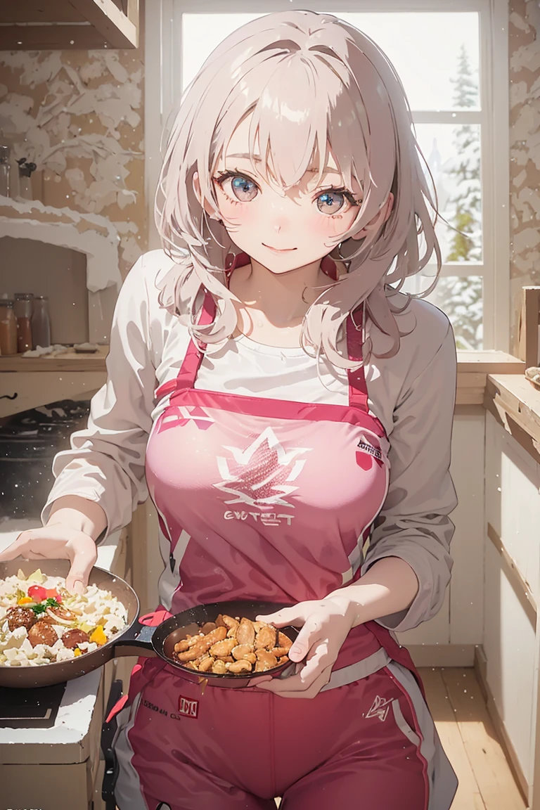 nakedエプロン、Put rice in front of you、A rice scoop in one hand、One girl、very cute、Light Hair Color、Shy expression、naked、Wearing an apron、nakedにエプロンを着けている、Japanese food is on the table、Inside her house