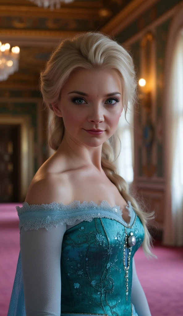 A portrait of Natalie dormer as Elsa smiling , queen of arendelle, young and beautiful, ((hyper realistic)), real portrait, backlit, exquisite features, cleavage, sexy, seductive, interior or an ornate castle ballroom with high ceilings