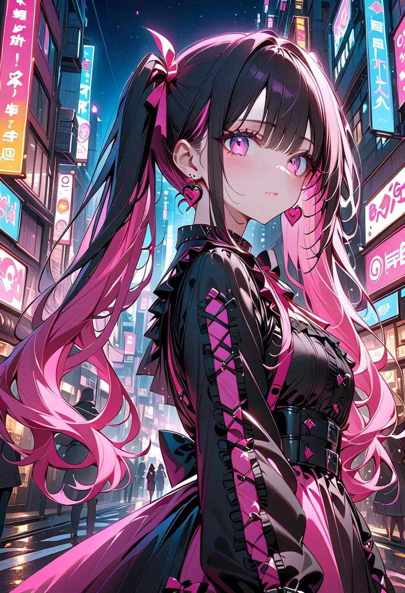 1 girl, (landmine girl), cute, dark, menhera, jirai kei, straight black hair in twin tails, pink inner color, jirai kei attire, pink and black clothes, (detailed beautiful face, finely detailed beautiful eyes), earrings, ribbon, cute pose, (in the city, night), 
(cowboy shot, face focus), deep depth of field, stunning, fascinating, enchanting, cinematic lighting, cinematic composition, anime style, vibrant colors, thin lines, dreamlike, 
absurdres, highres, masterpiece, best quality, newest, very aesthetic, ultra quality, high detailed, anatomically correct, perfect hands, 