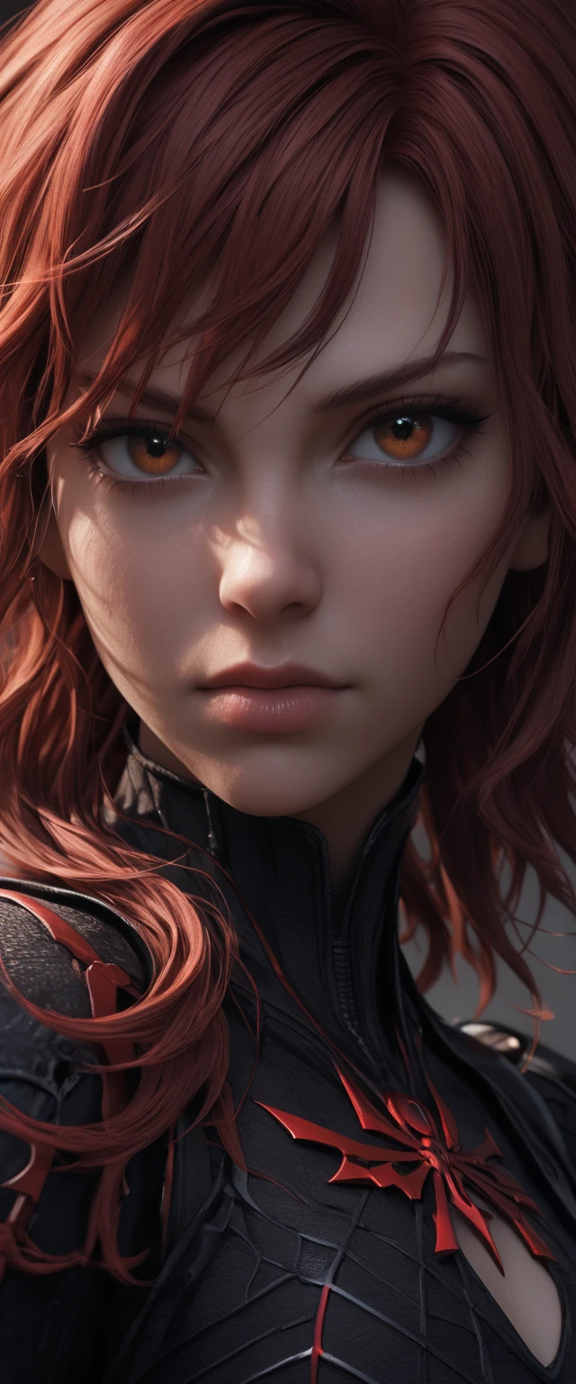 Portrait of Black widow, white background , fantasy, hyperrealistic, 8k, detailed, intricate, masterpiece, photorealistic, cinematic lighting, dramatic colors, chiaroscuro ، designed by Kazuya Takahashi, final fantasy xvi style.