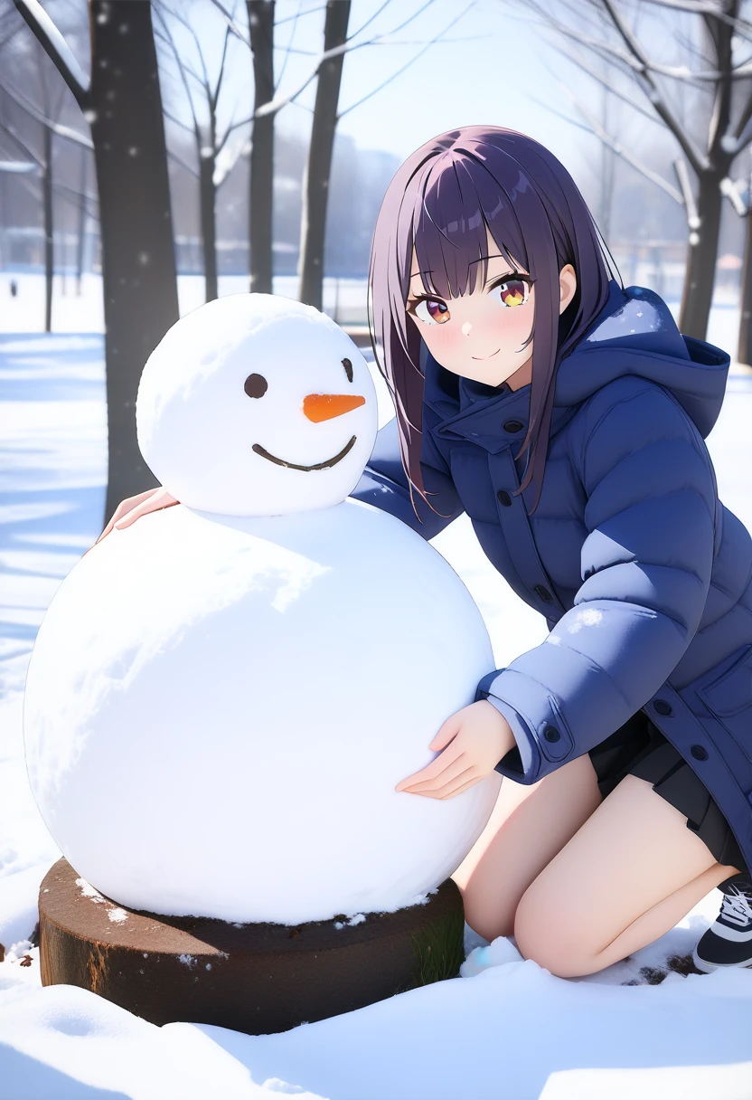 ((8k, raw photo, best quality, masterpiece, High resolution)), beautiful Detailed eyes, (1 cute girl), Azusa Nakano, snow, (Falling snow), park, (Coats), straight hair, (blunt bangs), snowman, smile, Touching a snowman, Crouching, sneakers, skirt, Look at Viewer,