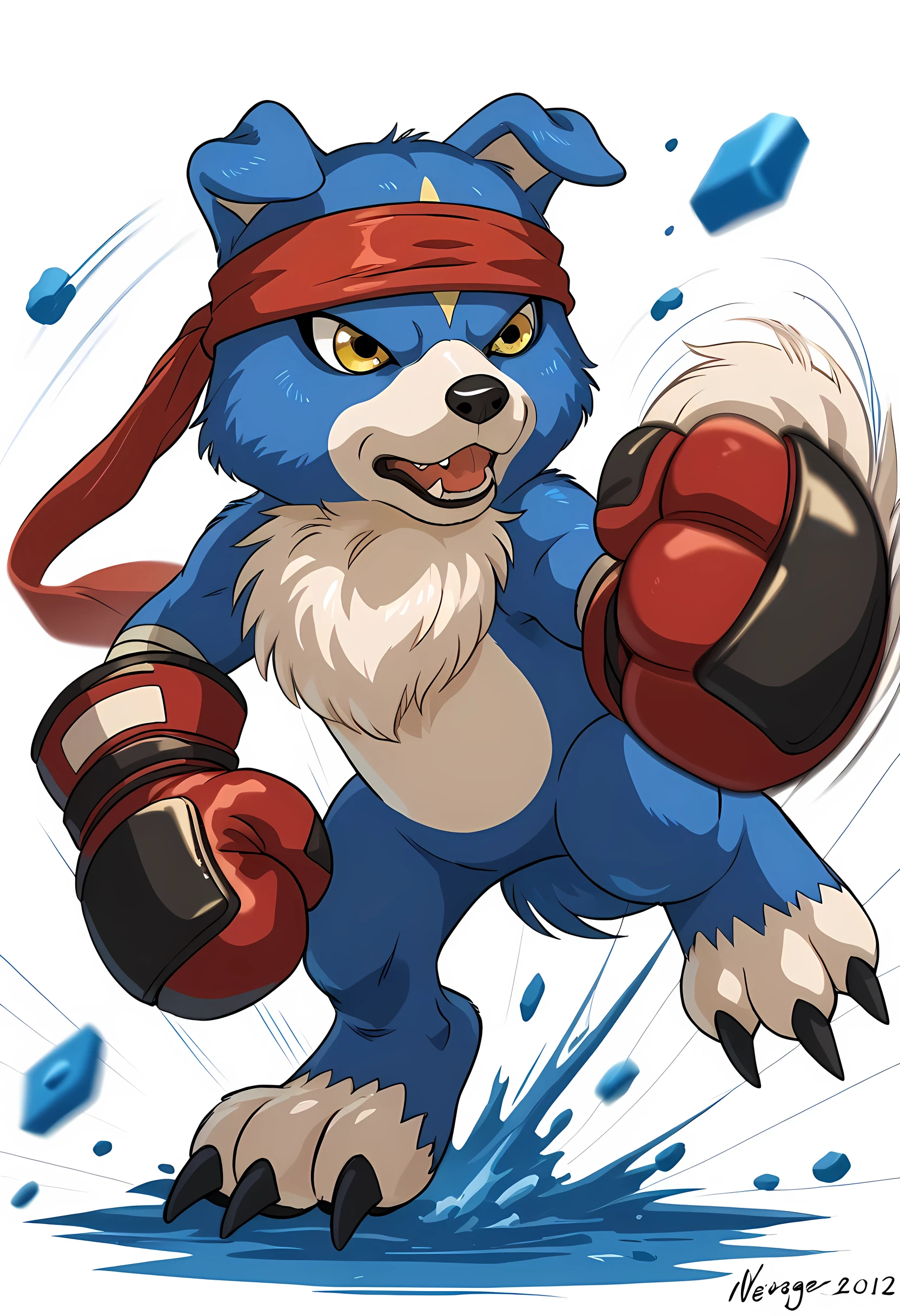 source_anime, gaomon (character), digimon (creature), dog boy, blue body, headband, yellow eyes, muscular, very muscular, boxing gloves, white background, detailed, cel shaded, flat colors, full body, motion blur, speed lines, by wfa, by negger