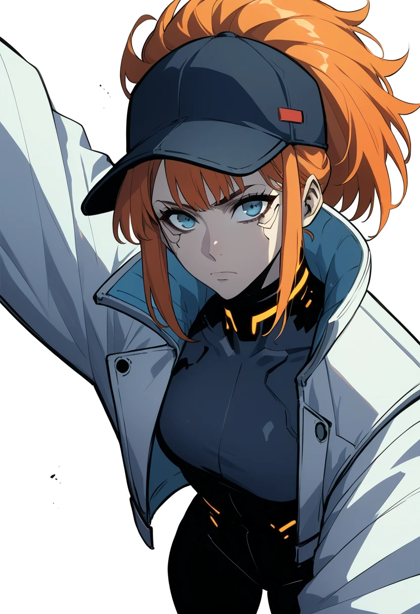 Midly Muscular woman in cyberpunk fantasy clothes, Long orange hair under a cap, blue eyes, tight white jacket, black pant, intricate pencil sketch, expressive eyes and nose and mouth, un-zoom, highly detailed, dynamic pose, white background