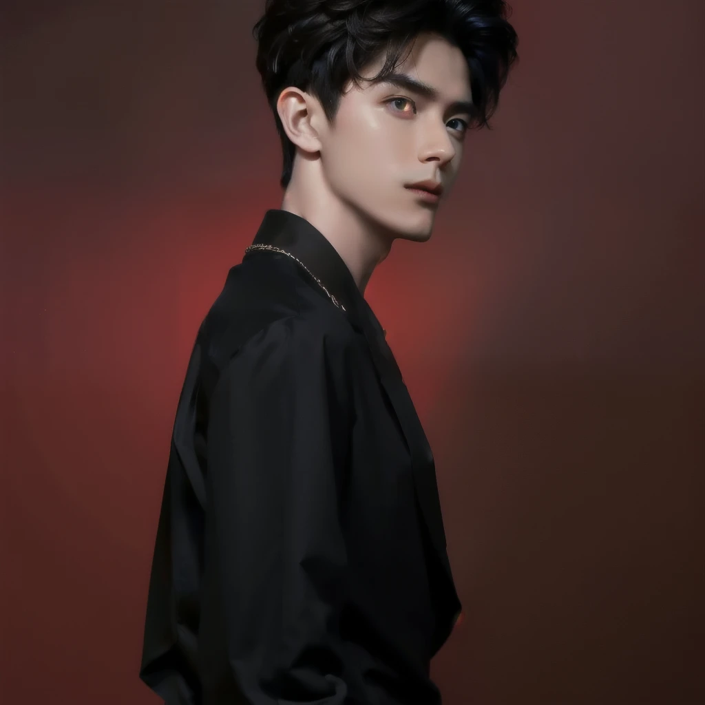 best quality, masterpiece, (photorealistic:1.4), 1boy, solo, short hair, (A handsome boy), (a boy as handsome as a Greek god), (superior body), (photo from low angle), (in black social clothes), photo with angle from bottom to top, red background, good proportions, fine eyes, fine looks