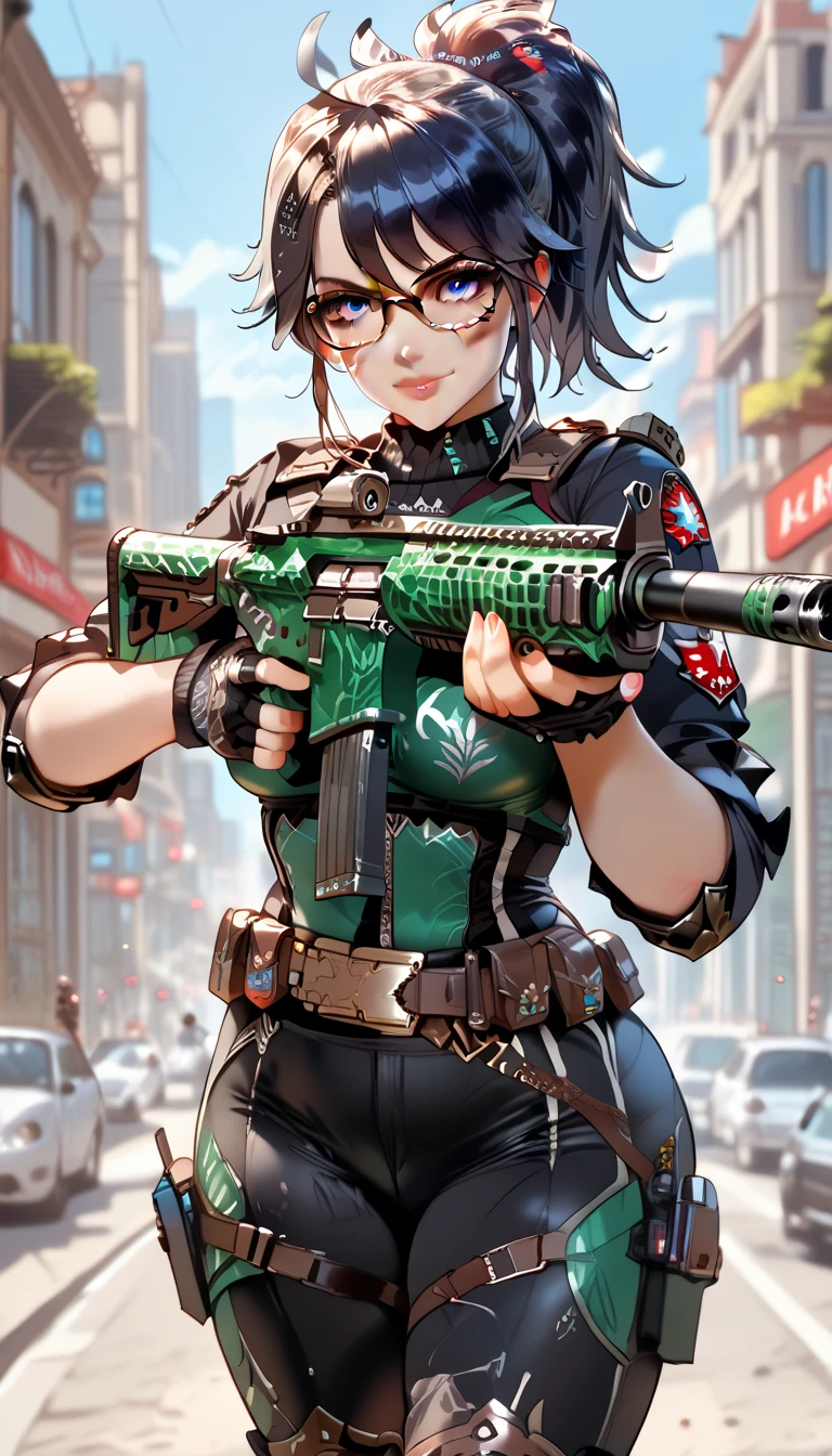 ultra-detailed, 1girl, solo, Kson, (masterpiece)), (best quality), (highres), 16K, black hair, blue eyes, ponytail, glasses, plump, tactical clothes, tactical belt, black thong, knee pads, boots, busty body, large breasts and a beautiful ass, showcasing cleavage, legs, hips, (holding assault rifle), looking at viewer, detailed face, smile, detailed hair, detailed full body, street background