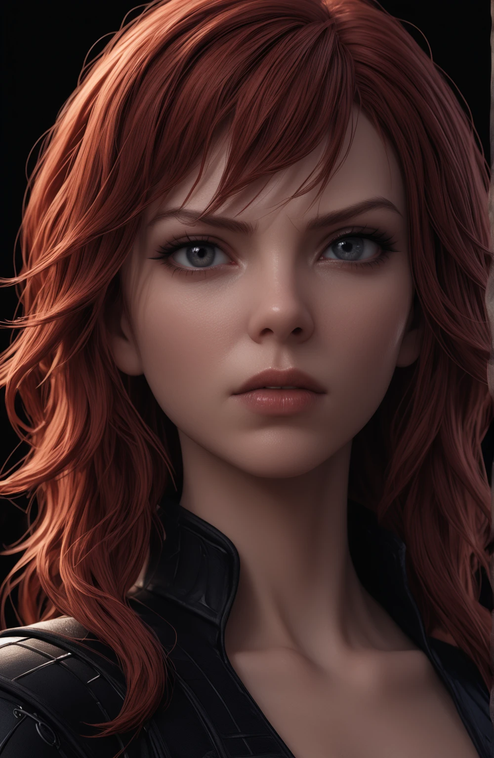 Portrait of Black widow, white background , fantasy, hyperrealistic, 8k, detailed, intricate, masterpiece, photorealistic, cinematic lighting, dramatic colors, chiaroscuro ، designed by Kazuya Takahashi, final fantasy xvi style.