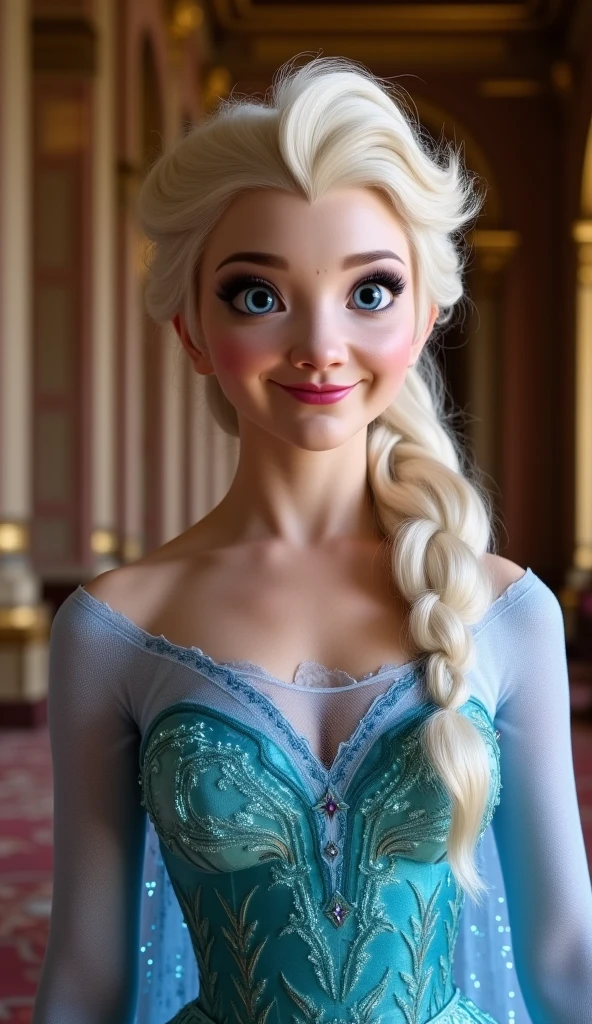 Natalie dormer as Elsa smiling , queen of arendelle, young and beautiful, ((hyper realistic)), real portrait, backlit, exquisite features, cleavage, sexy, seductive, interior or an ornate castle ballroom with high ceilings