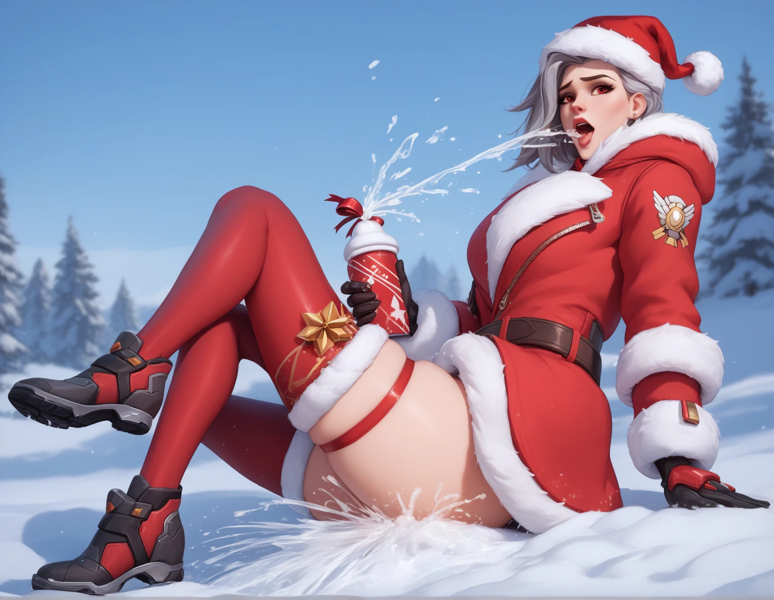  Caledonia Ash Overwatch,   is a masterpiece of high-quality photography, Overwatch's  ,   grey hair ,   red eyes, winter background,   The Christmas atmosphere of erotica ,  shows legs in stockings, 18+,  hand between legs , fondling, conchaet,  masturbates orgasm , opening your mouth , pee on snow ,  splashes of discharge 