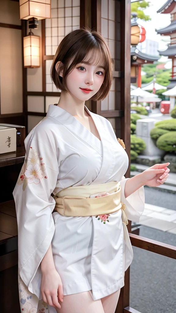 (( best quality )),  Photorealistic,  realistic photos,  Photorealistic,  High Resolution ,  ,  baby face , 20 years old, White skin, Pale skin,  Middle breast  ,  seductive gestures , dynamic pose, Look at the camera, ( Fine Face ), Short hair,  sexy doll, ( Wear Japanese Kimono), (Japanese Floral Kimono ), Fingers are blocked, Bokeh, Cafe background 