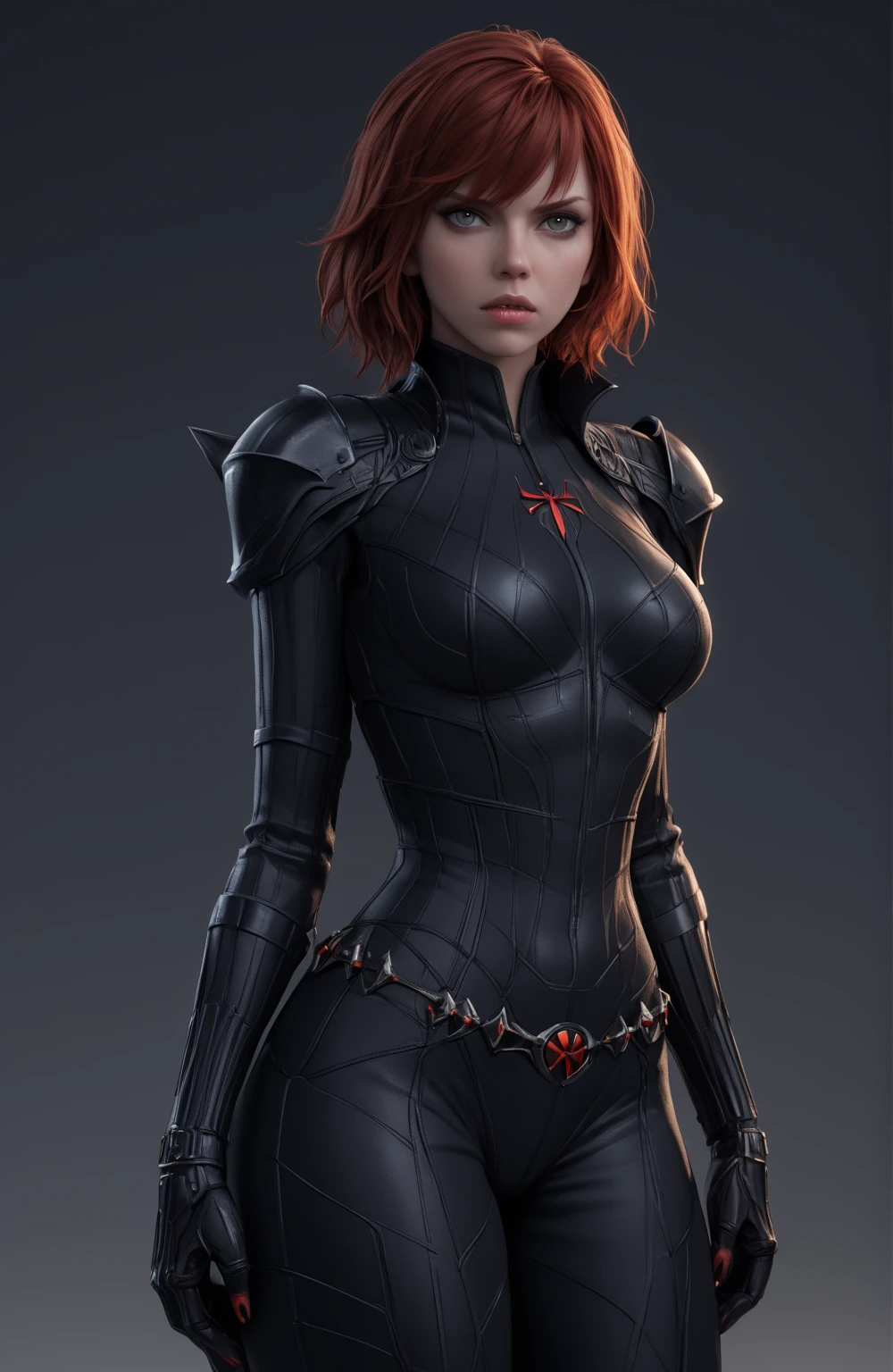 Full body of Black widow, white background , fantasy, hyperrealistic, 8k, detailed, intricate, masterpiece, photorealistic, cinematic lighting, dramatic colors, chiaroscuro ، designed by Kazuya Takahashi, final fantasy xvi style.