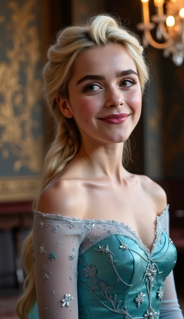 A stunning portrait of Kiernan Shipka as Elsa smiling , queen of arendelle, young and beautiful, hyper realistic, real portrait, backlit, exquisite features, cleavage, sexy, seductive, interior or an ornate castle ballroom with high ceilings