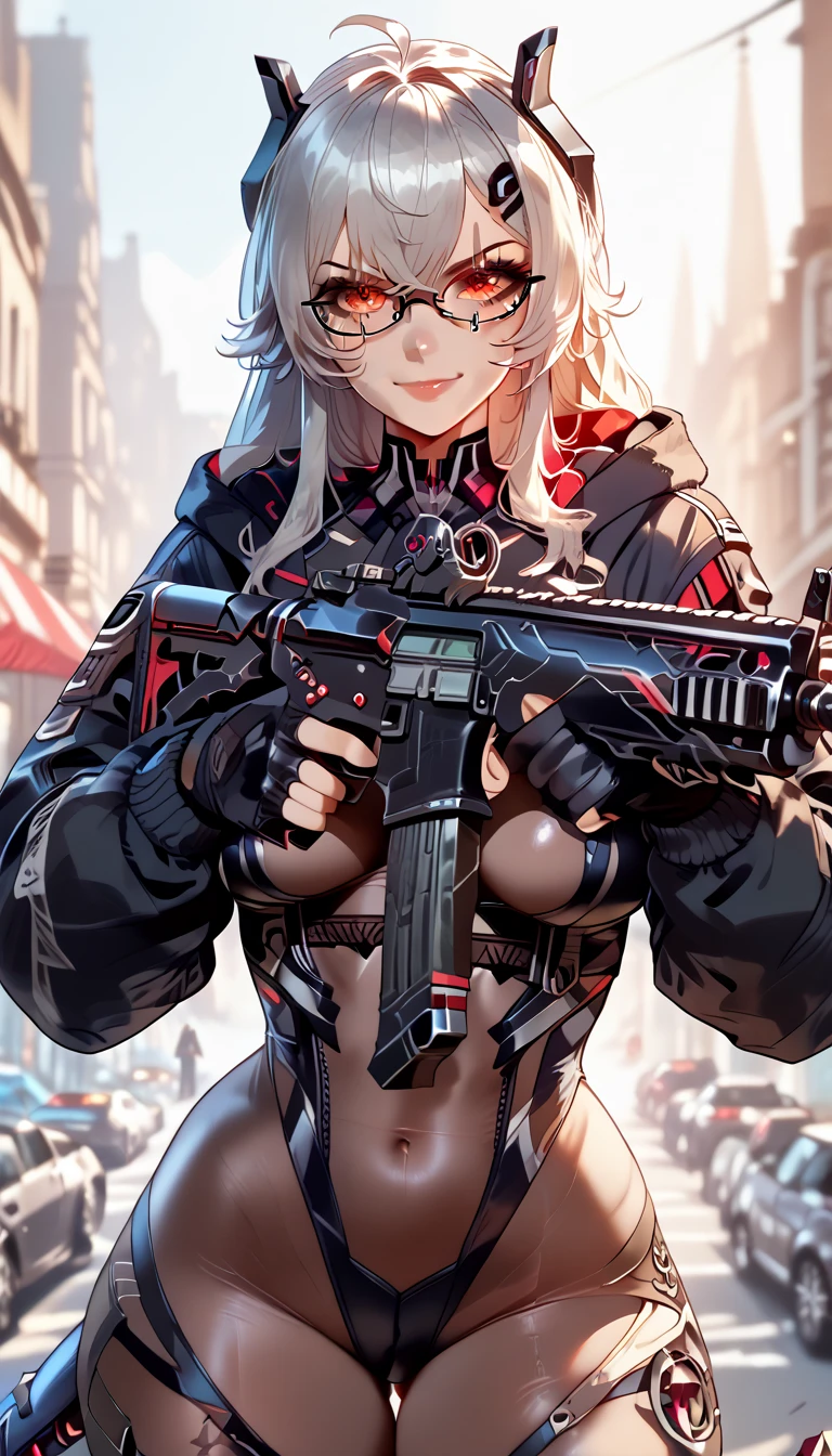 ultra-detailed, 1girl, solo, SarueiDefault, (masterpiece)), (best quality), (highres), 16K, grey hair, glasses, scar across eye, long hair, headgear, cropped hoodie, black hoodie, bodystocking, black bodysuit, power suit, fingerless gloves, mechanical tail, busty body, large breasts, showcasing cleavage, legs, hips, (holding assault rifle), looking at viewer, detailed face, smile, detailed hair, detailed full body, street background