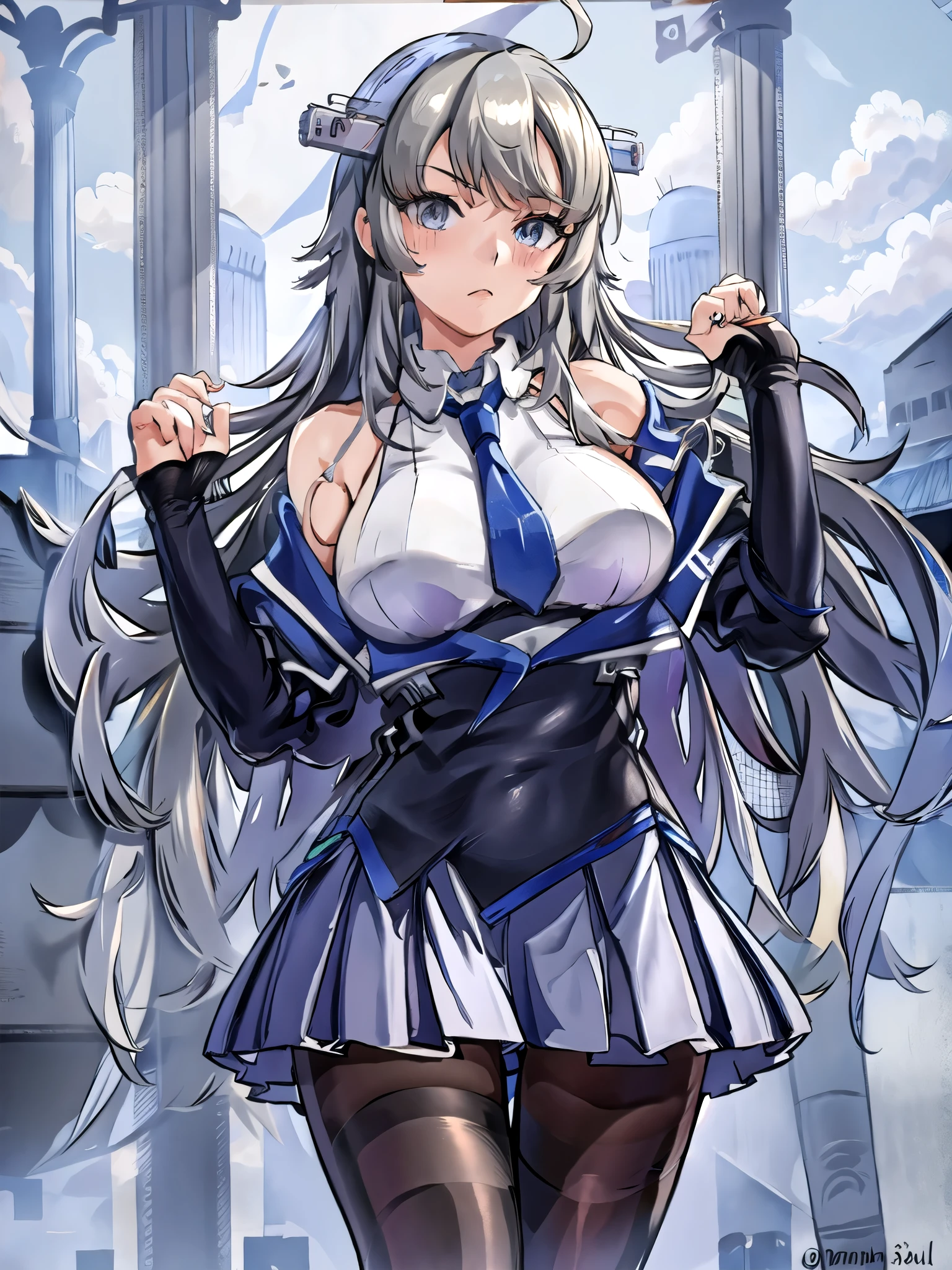  ,wide hip, long hair,.Silver hair,,wide hips,  huge breasts,  angry, , ,white hair,long hair,blue eyes,open mouth,,standing,solo focus,indoor,blush,solo.blue eyes,,uniform,,hands on hips