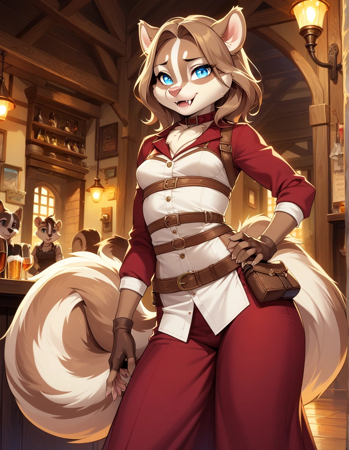 1girl, tail, furry, animal_ears,glowing blue_eyes, brown_hair, belt, looking_at_viewer, furry_female, gloves, skunk_tail, sad smile, skunk_ears, fingerless_gloves, hair_between_eyes,long skirt, hand_on_hip, snout, pouch, brown_gloves, cream white corset, skunk_girl, fangs, medium_hair, long_sleeves, brown_belt, artist_name, tavern outfit, very small breasts