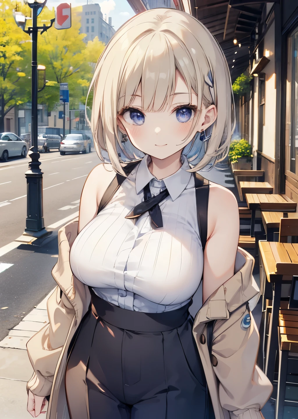  top quality , detailed face ,  cute face,  Masterpiece ,  lady,  cap, ((bold, slicked back)), forehead, smile ,  outdoor, open cafe terrace, brown silky super bob hair,  side lock ,　cardigan, Tank tops, long pants, (Healthy Body)、 earrings,  she has big breasts, cardigan, leaning forward, slim waist
