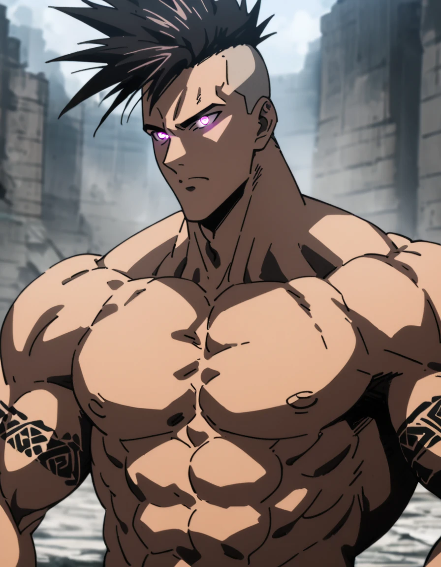 anime guy shirtless, pectoral, muscular, mohawk,,perfect body,delicate and beautiful,arm tatoo, glowing eyes