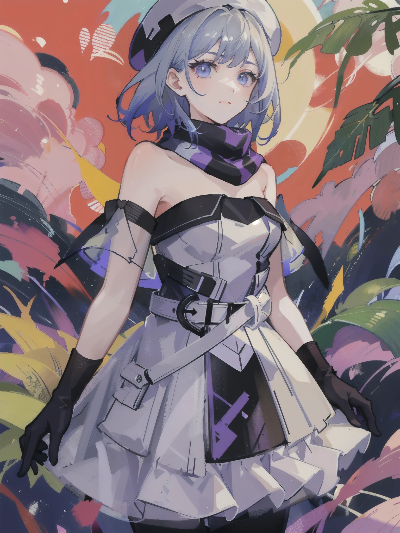 Jean Barre \( kancole \), 1 girl, Alone, gloves, has , dress, beret, colorful clothes , mole under eye, strapless dress, strapless , black gloves, mole, scarf, multicolored scarf, white headwear, multicolored gloves, white dress, blue background, chest, two-tone dress, Bare shoulders, gradients , is watching viewers, belt, gradients background, mole under mouth, pantyhose, cosplay, multicolored dress, cowboy shot, simple background, two-tone gloves, original , complex details, illustrations, masterpiece, extremely detailed CG Unity 8K Wallpaper, Highlights, sharpen, dynamic, short hair