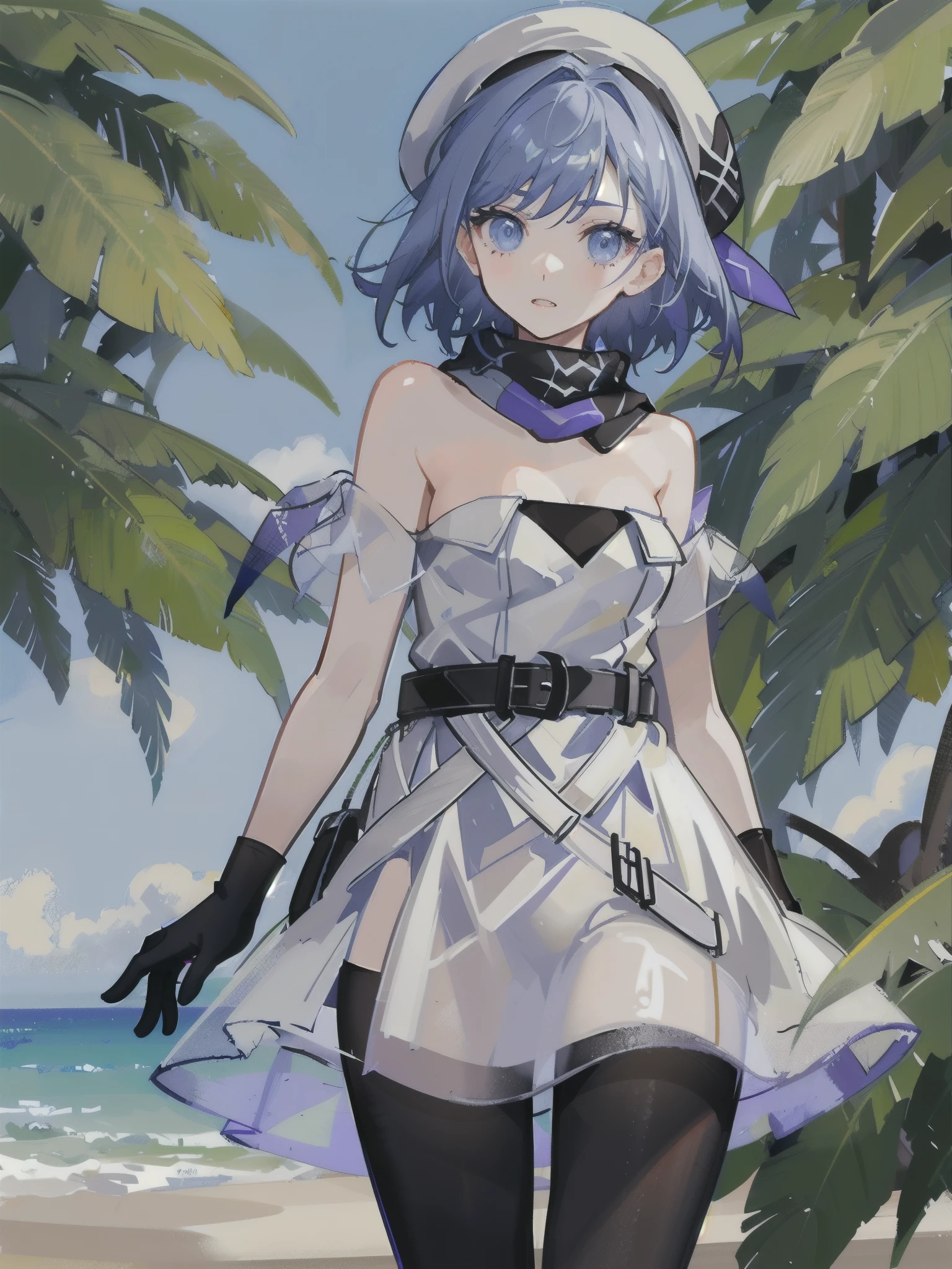 Jean Barre \( kancole \), 1 girl, Alone, gloves, has , dress, beret, colorful clothes , mole under eye, strapless dress, strapless , black gloves, mole, scarf, multicolored scarf, white headwear, multicolored gloves, white dress, blue background, chest, two-tone dress, Bare shoulders, gradients , is watching viewers, belt, gradients background, mole under mouth, pantyhose, cosplay, multicolored dress, cowboy shot, simple background, two-tone gloves, original , complex details, illustrations, masterpiece, extremely detailed CG Unity 8K Wallpaper, Highlights, sharpen, dynamic, short hair