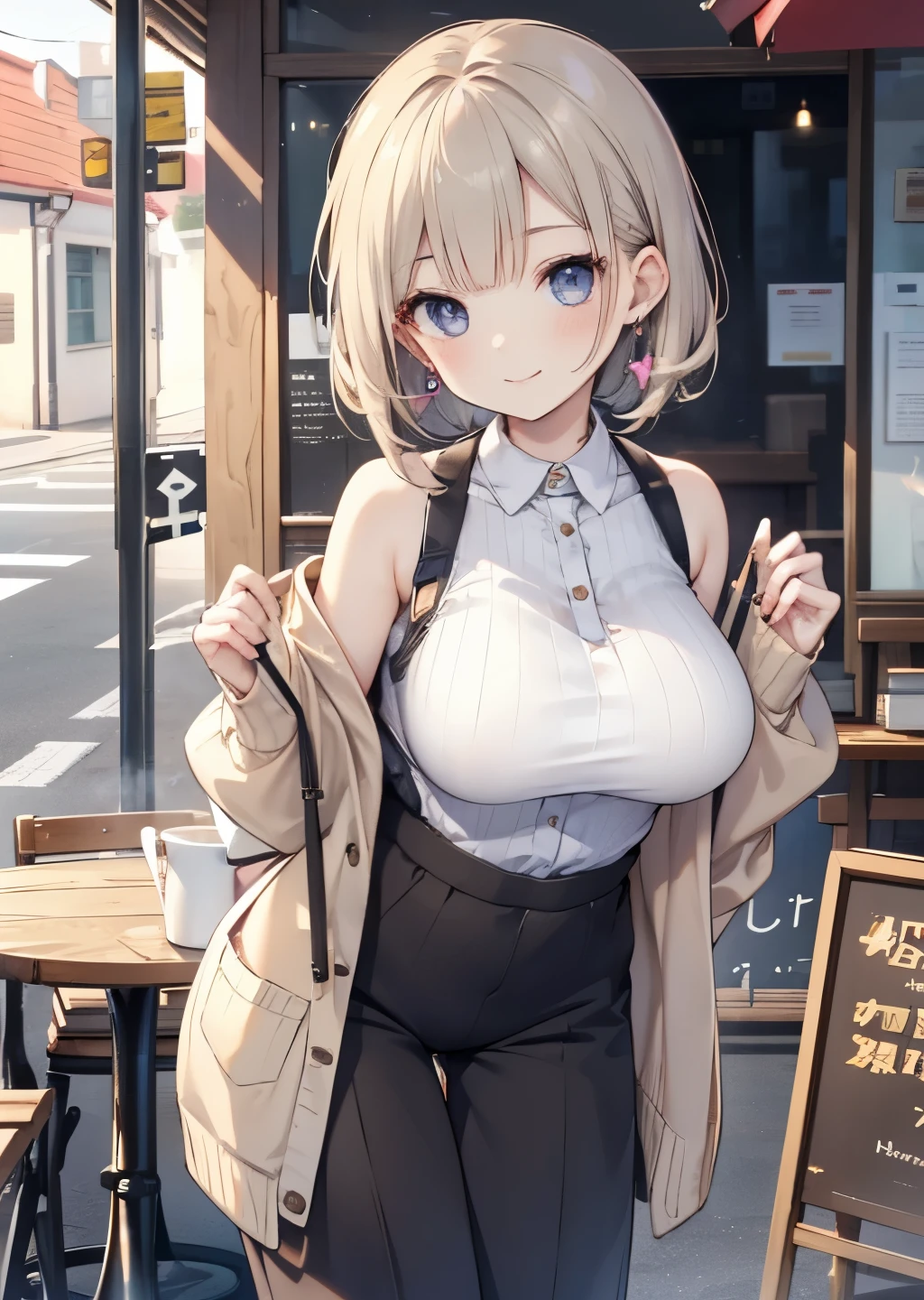  top quality , detailed face ,  cute face,  Masterpiece ,  lady,  cap, ((bold, slicked back)), forehead, smile ,  outdoor, open cafe terrace, brown silky super bob hair,  side lock ,　cardigan, Tank tops, long pants, (Healthy Body)、 earrings,  she has big breasts, cardigan, leaning forward, slim waist
