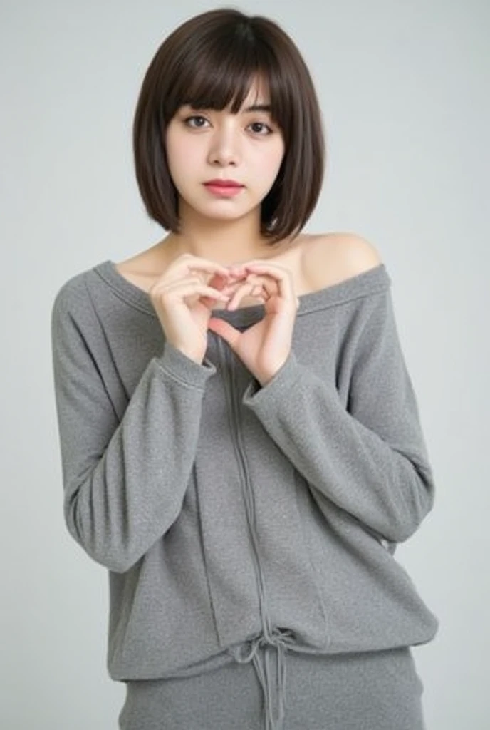  1 woman with a cute smile、I'm wearing cute clothes 。,  fluffy off-shoulder pajamas,  Making a big heart with both hands , Hold it in front of your chest , View above the collarbone、  has a monotone background  

