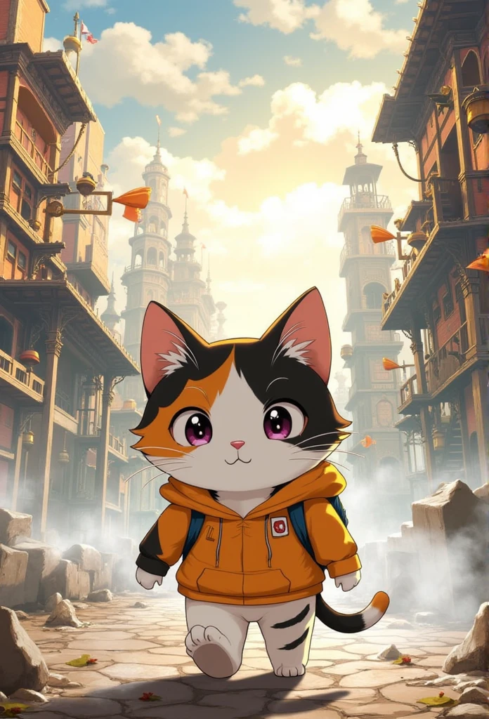 digital flyer, anime style poster art, magazine top page, vector art background, a cute chubby calico cat, huge exaggerated eyes,walking in steam punk city, smoky building there, sunny , magical city, misty, ancient structural object around,  ultra detailed animation, kawaii anime style, hoodie, backpack ,bagy, bags under eyes, creative anime, hand drawn illustration,